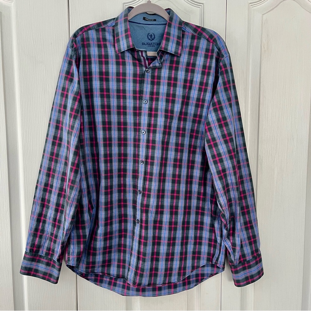 Bugatchi Uomo Shirt Mens L Plaid Print Classic Fit Button Up Flip Cuff
